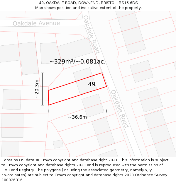 49, OAKDALE ROAD, DOWNEND, BRISTOL, BS16 6DS: Plot and title map