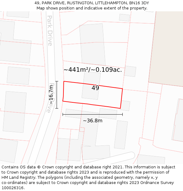 49, PARK DRIVE, RUSTINGTON, LITTLEHAMPTON, BN16 3DY: Plot and title map