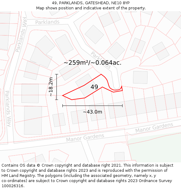 49, PARKLANDS, GATESHEAD, NE10 8YP: Plot and title map