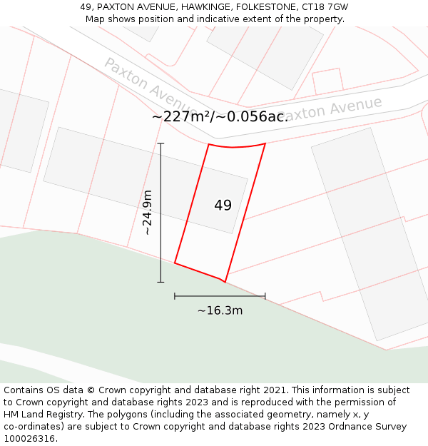 49, PAXTON AVENUE, HAWKINGE, FOLKESTONE, CT18 7GW: Plot and title map