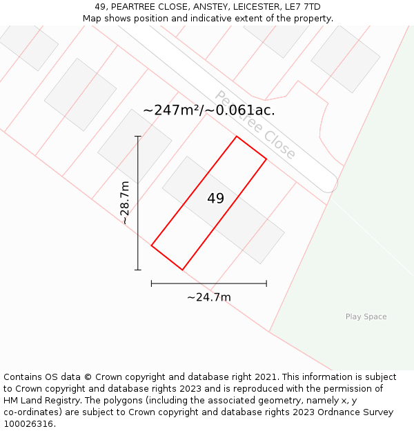 49, PEARTREE CLOSE, ANSTEY, LEICESTER, LE7 7TD: Plot and title map