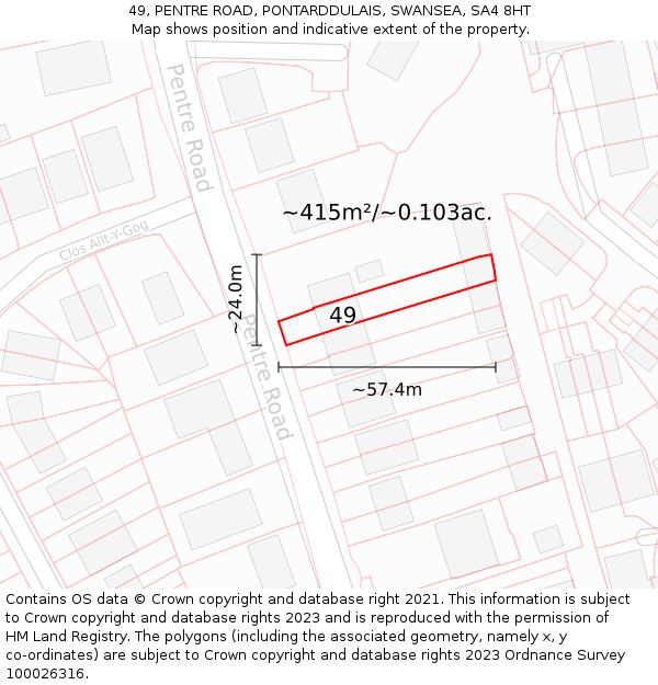 49, PENTRE ROAD, PONTARDDULAIS, SWANSEA, SA4 8HT: Plot and title map