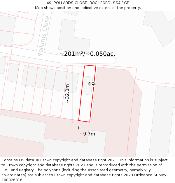 49, POLLARDS CLOSE, ROCHFORD, SS4 1GF: Plot and title map