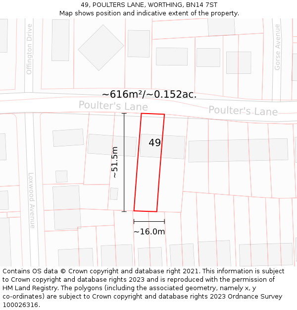 49, POULTERS LANE, WORTHING, BN14 7ST: Plot and title map