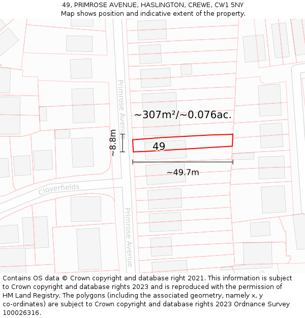 49, PRIMROSE AVENUE, HASLINGTON, CREWE, CW1 5NY: Plot and title map