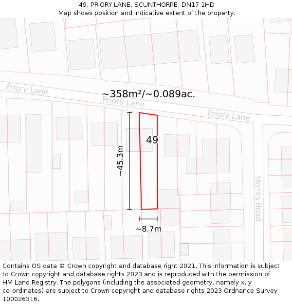 49, PRIORY LANE, SCUNTHORPE, DN17 1HD: Plot and title map