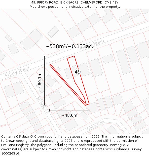 49, PRIORY ROAD, BICKNACRE, CHELMSFORD, CM3 4EY: Plot and title map