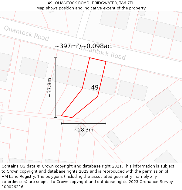 49, QUANTOCK ROAD, BRIDGWATER, TA6 7EH: Plot and title map