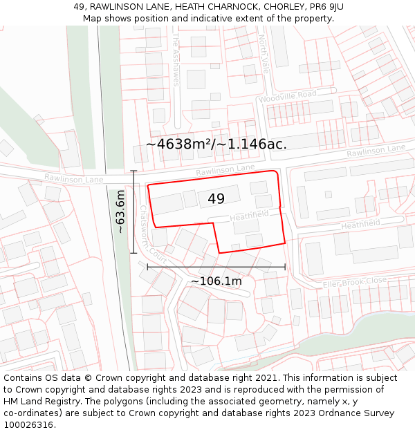 49, RAWLINSON LANE, HEATH CHARNOCK, CHORLEY, PR6 9JU: Plot and title map