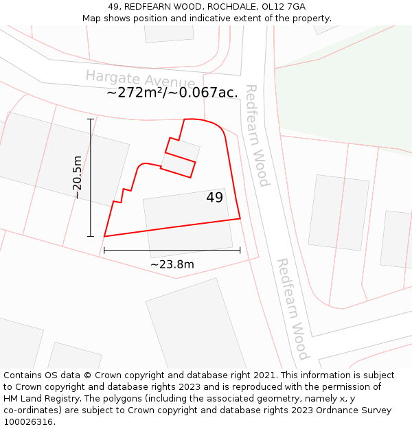 49, REDFEARN WOOD, ROCHDALE, OL12 7GA: Plot and title map