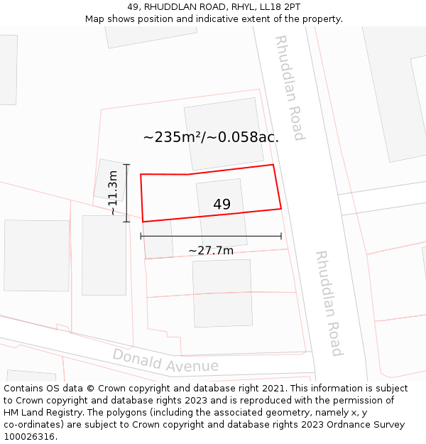 49, RHUDDLAN ROAD, RHYL, LL18 2PT: Plot and title map