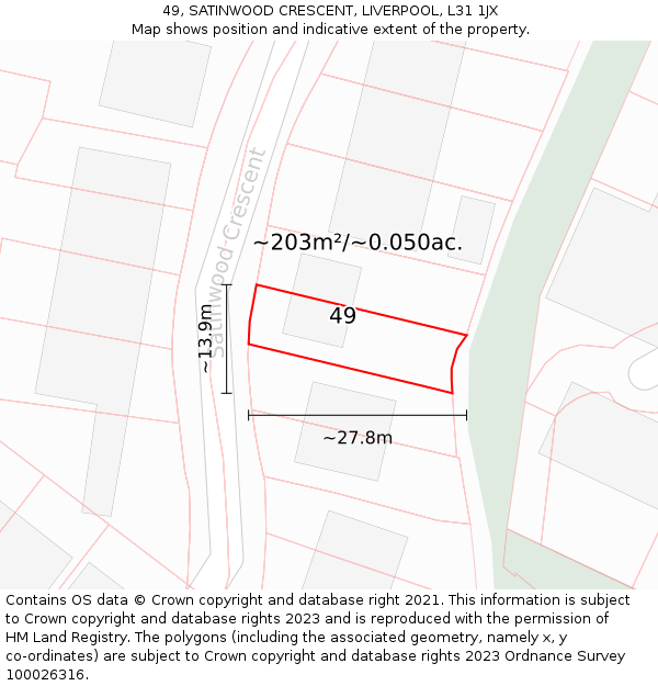 49, SATINWOOD CRESCENT, LIVERPOOL, L31 1JX: Plot and title map