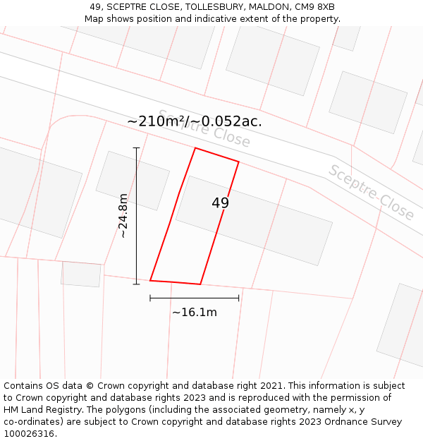 49, SCEPTRE CLOSE, TOLLESBURY, MALDON, CM9 8XB: Plot and title map