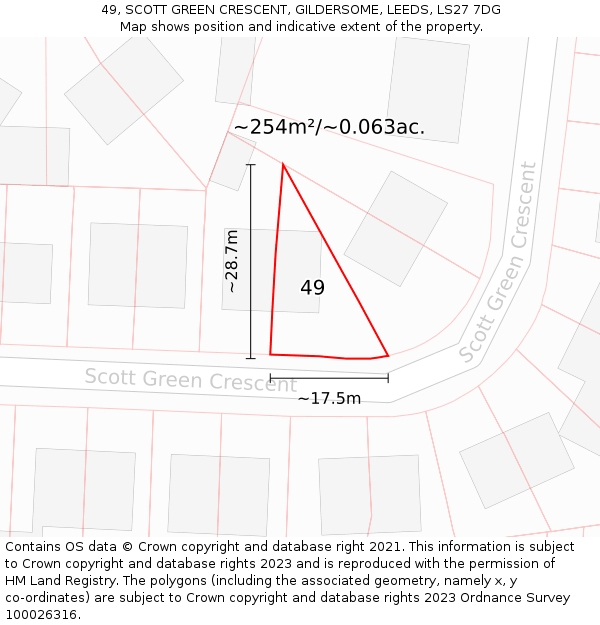 49, SCOTT GREEN CRESCENT, GILDERSOME, LEEDS, LS27 7DG: Plot and title map
