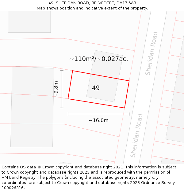 49, SHERIDAN ROAD, BELVEDERE, DA17 5AR: Plot and title map