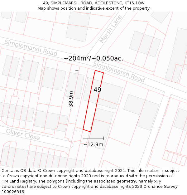 49, SIMPLEMARSH ROAD, ADDLESTONE, KT15 1QW: Plot and title map