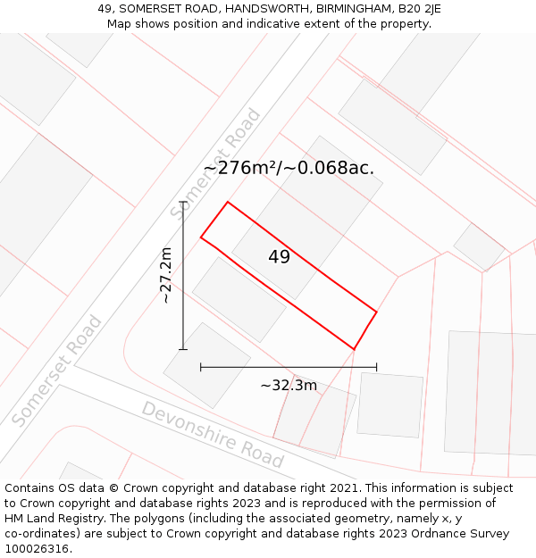 49, SOMERSET ROAD, HANDSWORTH, BIRMINGHAM, B20 2JE: Plot and title map