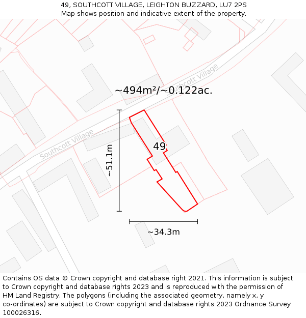 49, SOUTHCOTT VILLAGE, LEIGHTON BUZZARD, LU7 2PS: Plot and title map