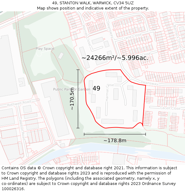 49, STANTON WALK, WARWICK, CV34 5UZ: Plot and title map