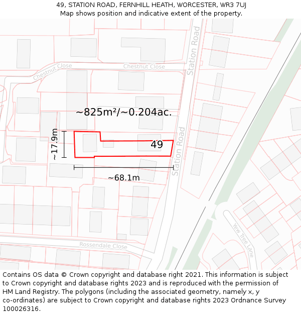 49, STATION ROAD, FERNHILL HEATH, WORCESTER, WR3 7UJ: Plot and title map