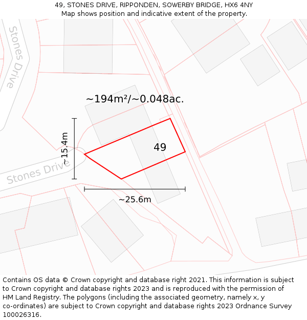 49, STONES DRIVE, RIPPONDEN, SOWERBY BRIDGE, HX6 4NY: Plot and title map