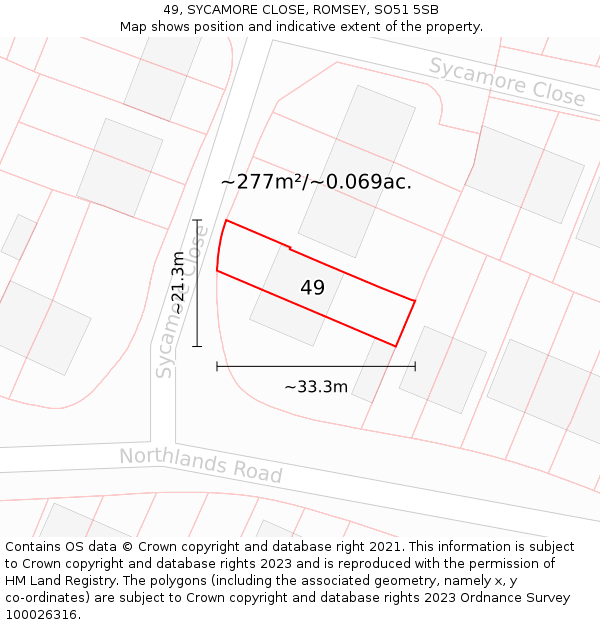 49, SYCAMORE CLOSE, ROMSEY, SO51 5SB: Plot and title map