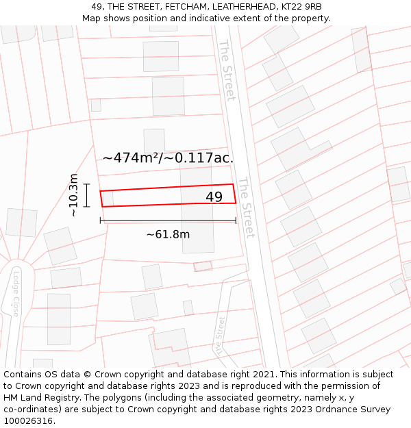 49, THE STREET, FETCHAM, LEATHERHEAD, KT22 9RB: Plot and title map