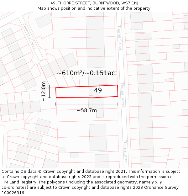 49, THORPE STREET, BURNTWOOD, WS7 1NJ: Plot and title map