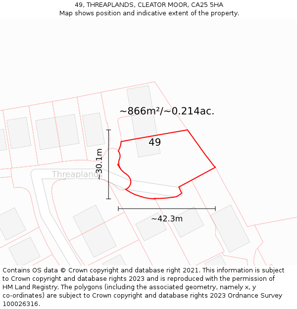 49, THREAPLANDS, CLEATOR MOOR, CA25 5HA: Plot and title map