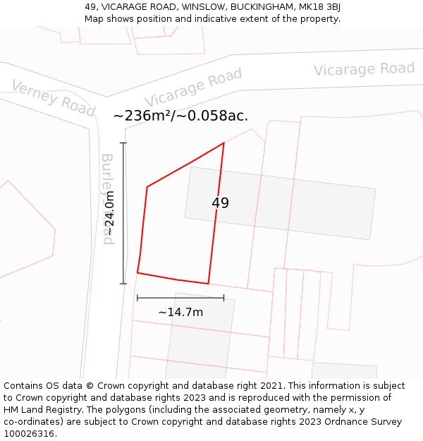 49, VICARAGE ROAD, WINSLOW, BUCKINGHAM, MK18 3BJ: Plot and title map