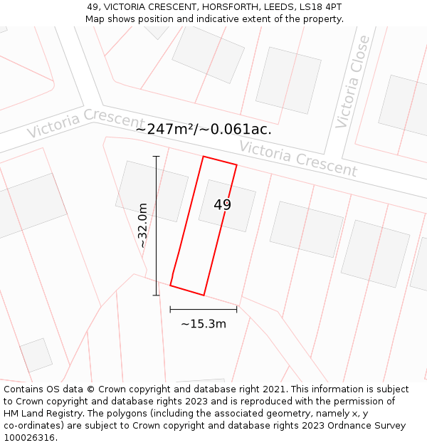 49, VICTORIA CRESCENT, HORSFORTH, LEEDS, LS18 4PT: Plot and title map