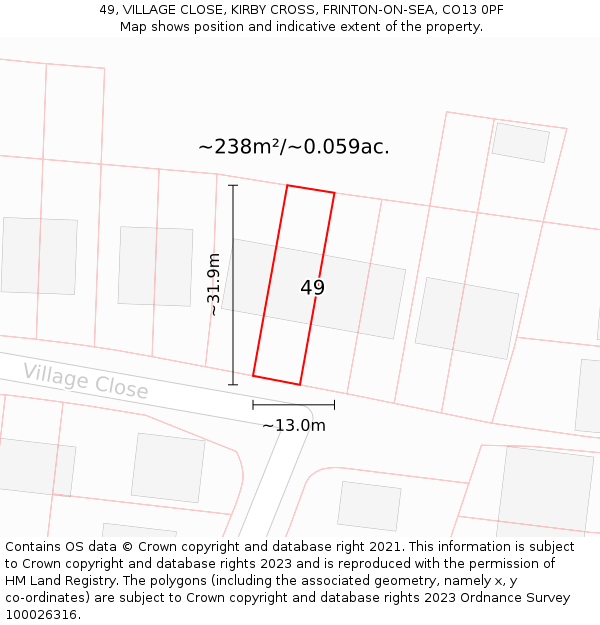 49, VILLAGE CLOSE, KIRBY CROSS, FRINTON-ON-SEA, CO13 0PF: Plot and title map