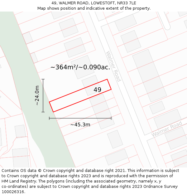 49, WALMER ROAD, LOWESTOFT, NR33 7LE: Plot and title map