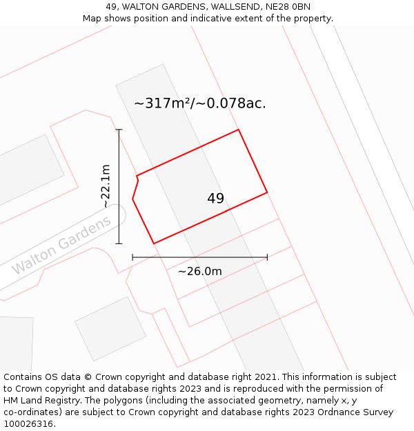 49, WALTON GARDENS, WALLSEND, NE28 0BN: Plot and title map