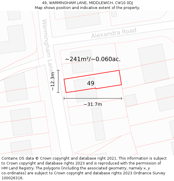 49, WARMINGHAM LANE, MIDDLEWICH, CW10 0DJ: Plot and title map