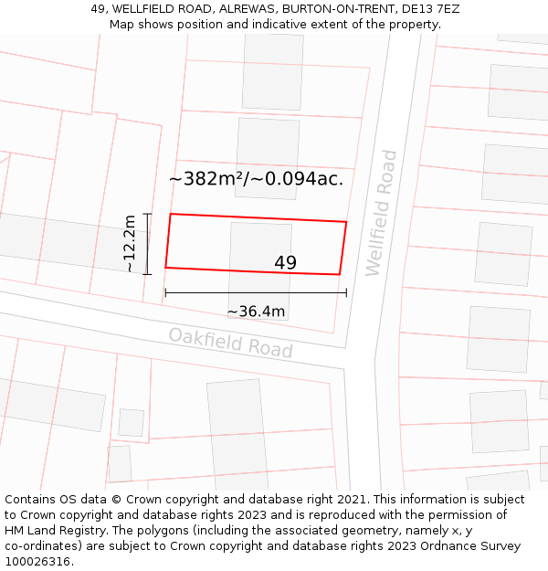 49, WELLFIELD ROAD, ALREWAS, BURTON-ON-TRENT, DE13 7EZ: Plot and title map