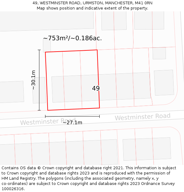 49, WESTMINSTER ROAD, URMSTON, MANCHESTER, M41 0RN: Plot and title map