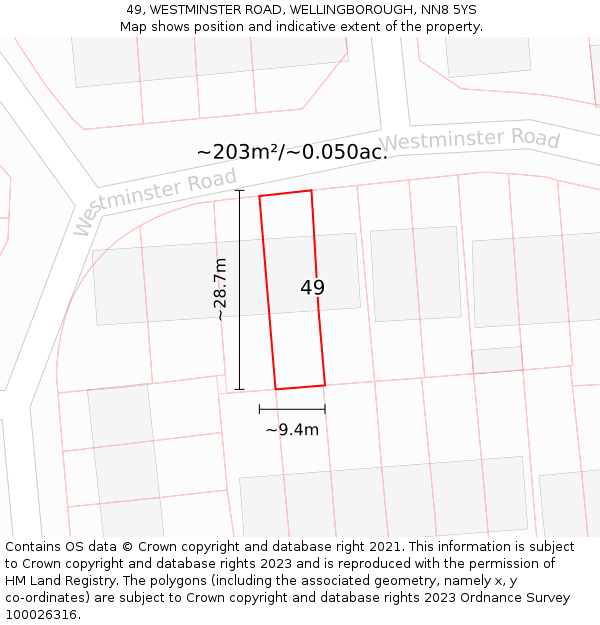 49, WESTMINSTER ROAD, WELLINGBOROUGH, NN8 5YS: Plot and title map