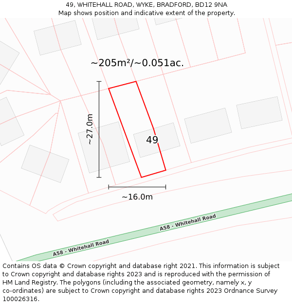 49, WHITEHALL ROAD, WYKE, BRADFORD, BD12 9NA: Plot and title map