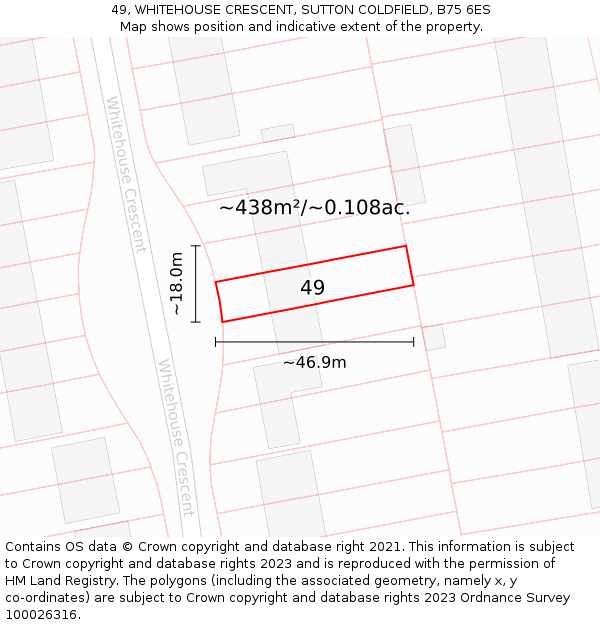 49, WHITEHOUSE CRESCENT, SUTTON COLDFIELD, B75 6ES: Plot and title map