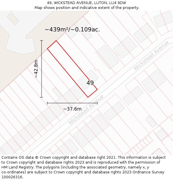 49, WICKSTEAD AVENUE, LUTON, LU4 9DW: Plot and title map