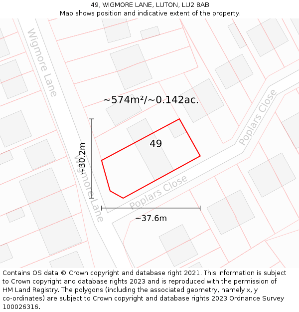 49, WIGMORE LANE, LUTON, LU2 8AB: Plot and title map