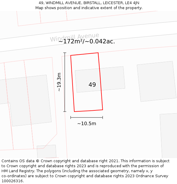 49, WINDMILL AVENUE, BIRSTALL, LEICESTER, LE4 4JN: Plot and title map