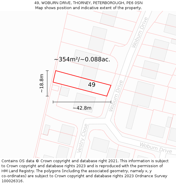 49, WOBURN DRIVE, THORNEY, PETERBOROUGH, PE6 0SN: Plot and title map