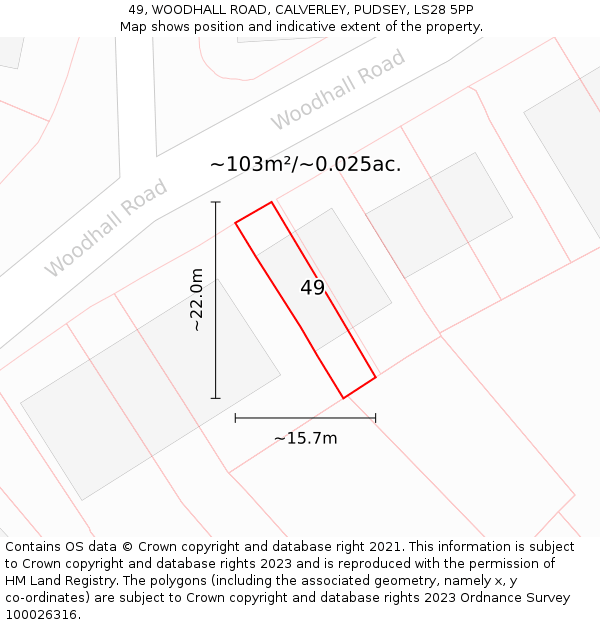 49, WOODHALL ROAD, CALVERLEY, PUDSEY, LS28 5PP: Plot and title map