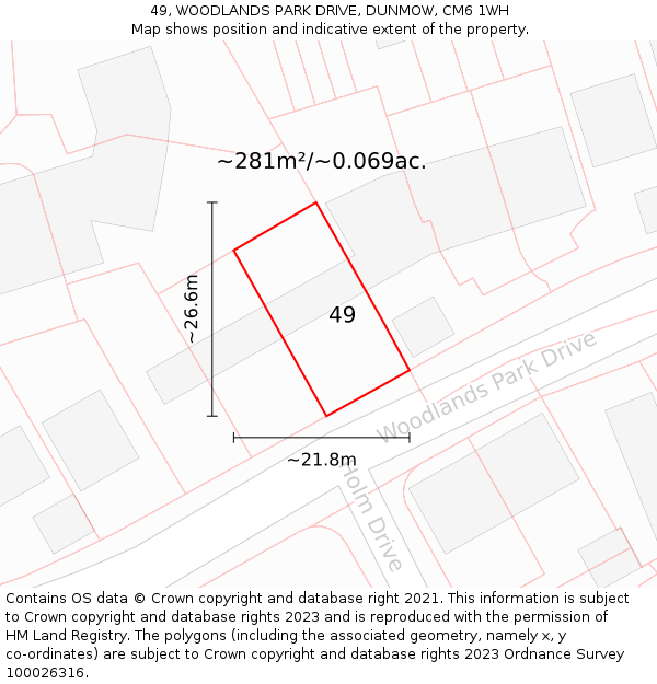 49, WOODLANDS PARK DRIVE, DUNMOW, CM6 1WH: Plot and title map