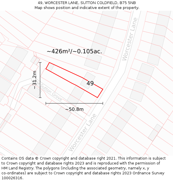 49, WORCESTER LANE, SUTTON COLDFIELD, B75 5NB: Plot and title map