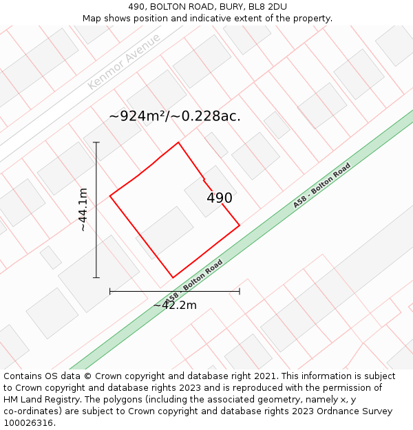 490, BOLTON ROAD, BURY, BL8 2DU: Plot and title map