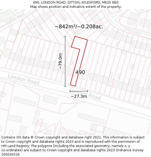 490, LONDON ROAD, DITTON, AYLESFORD, ME20 6BZ: Plot and title map