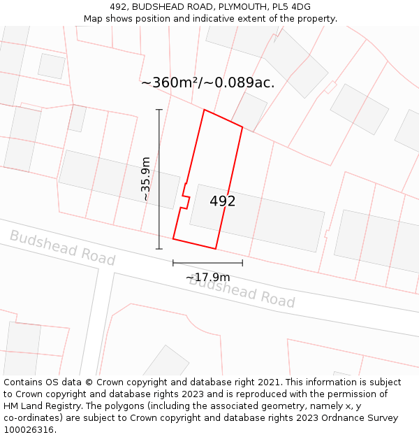 492, BUDSHEAD ROAD, PLYMOUTH, PL5 4DG: Plot and title map